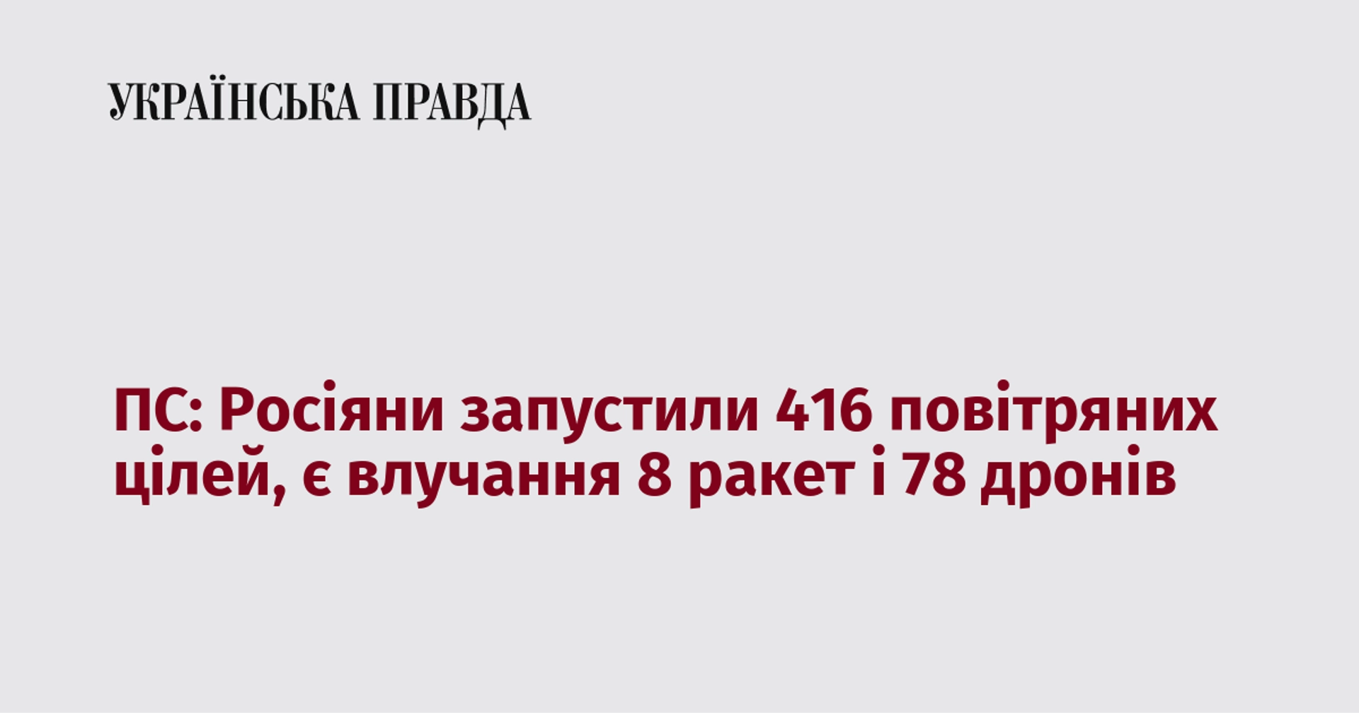 ПС: Російські сили випустили 416 повітряних цілей, серед яких було зафіксовано попадання 8 ракет та 78 безпілотників.