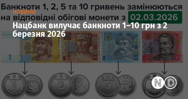 Національний банк України розпочне процес повернення банкнот номіналом від 1 до 10 гривень з 2 березня 2026 року.